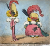 "Following the Fashion" a December 1794 caricature by James Gillray, which satirizes incipient neo-Classical trends in women's clothing styles, particularly the trend towards what were known at the time as "short-bodied gowns" 